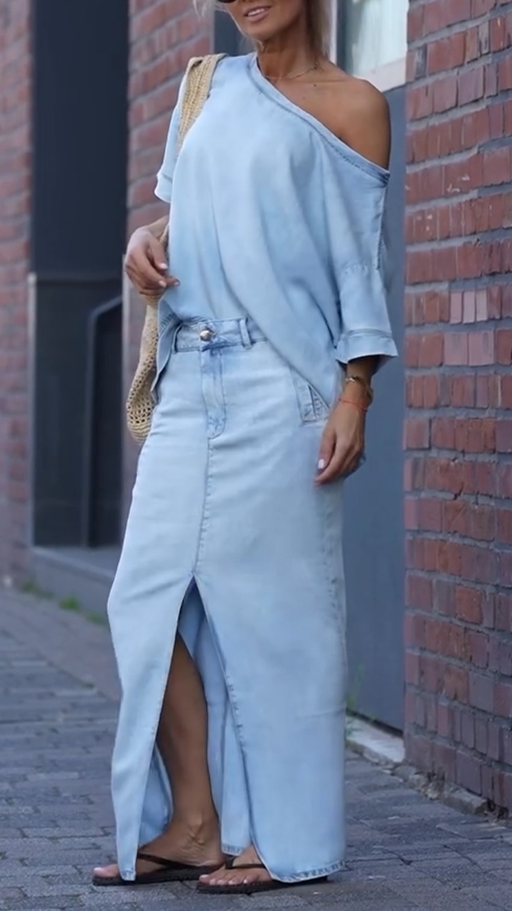 Women's Round Neck Tencel Denim Casual Suit