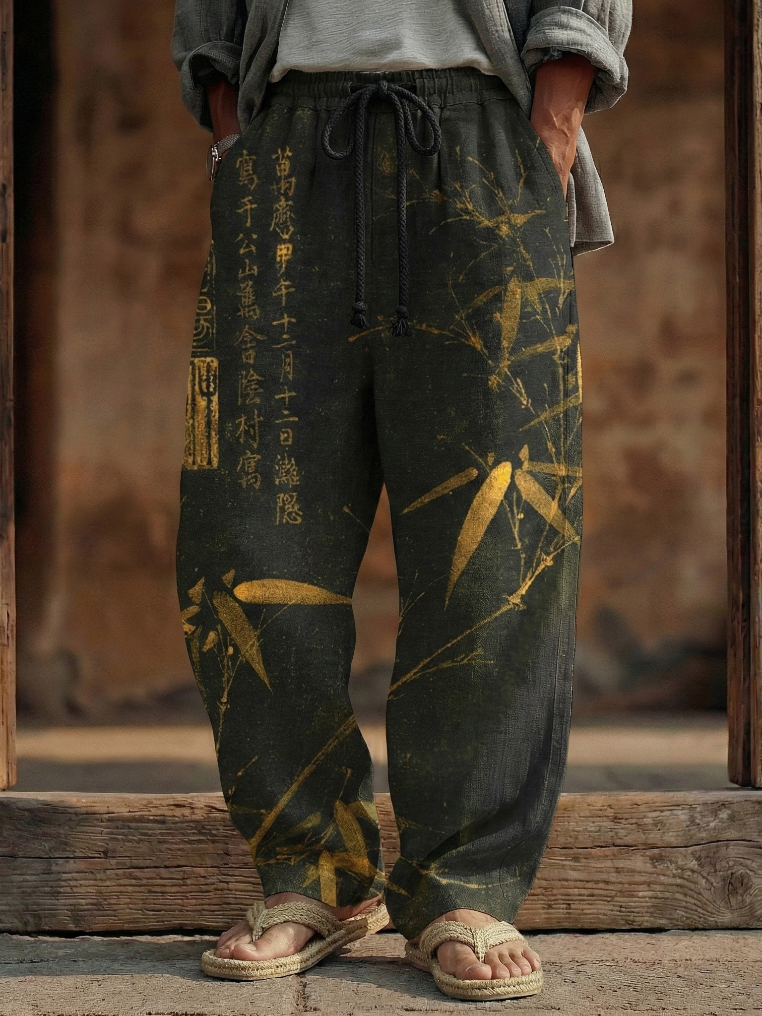 Men's Vintage Bamboo Calligraphy Art Print Linen Blend Pants