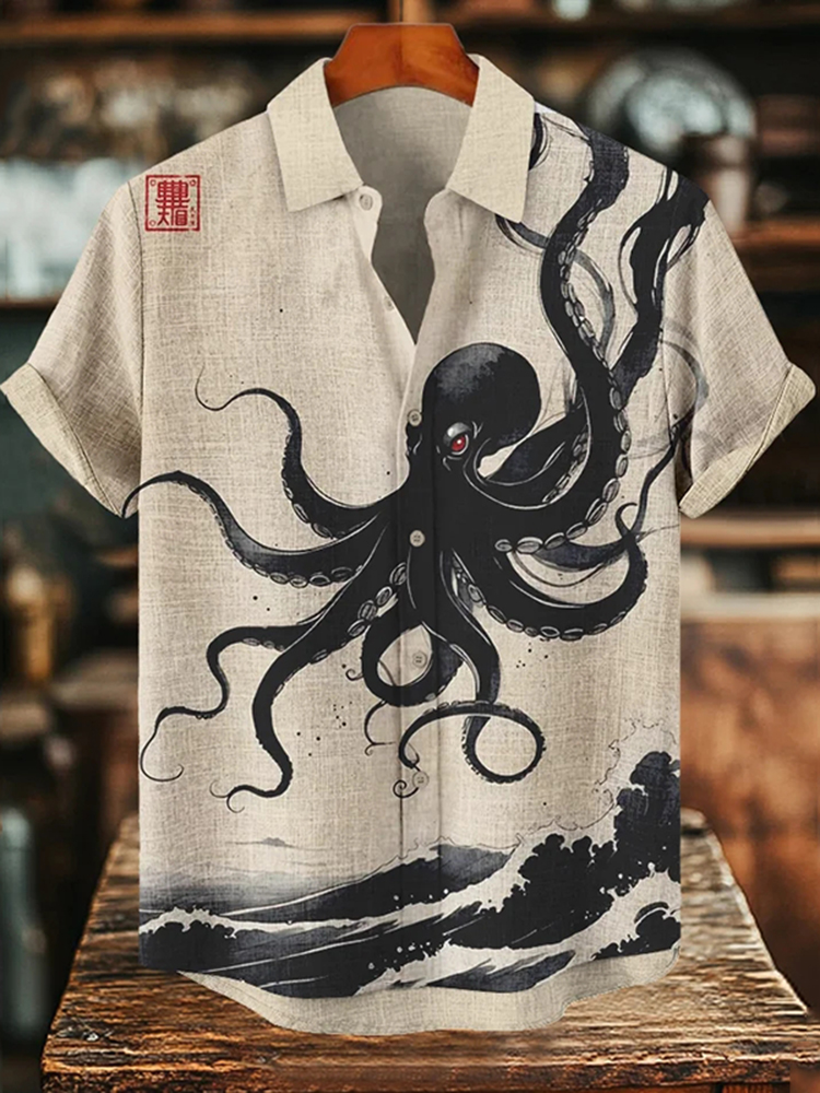 Men's Black Octopus Waves Japanese Art Print Casual Shirt