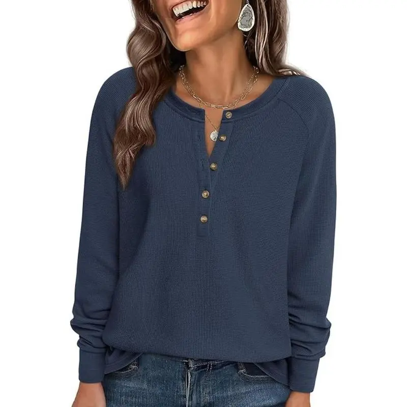 Women's Button Up Waffle Top Long Sleeve Knit Shirts Fall Casual Henley V Neck Tunic Tops