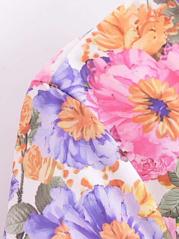 French Floral Chest Tie Waist Stitching A-Line Skirt Short-Sleeved Mini Dress