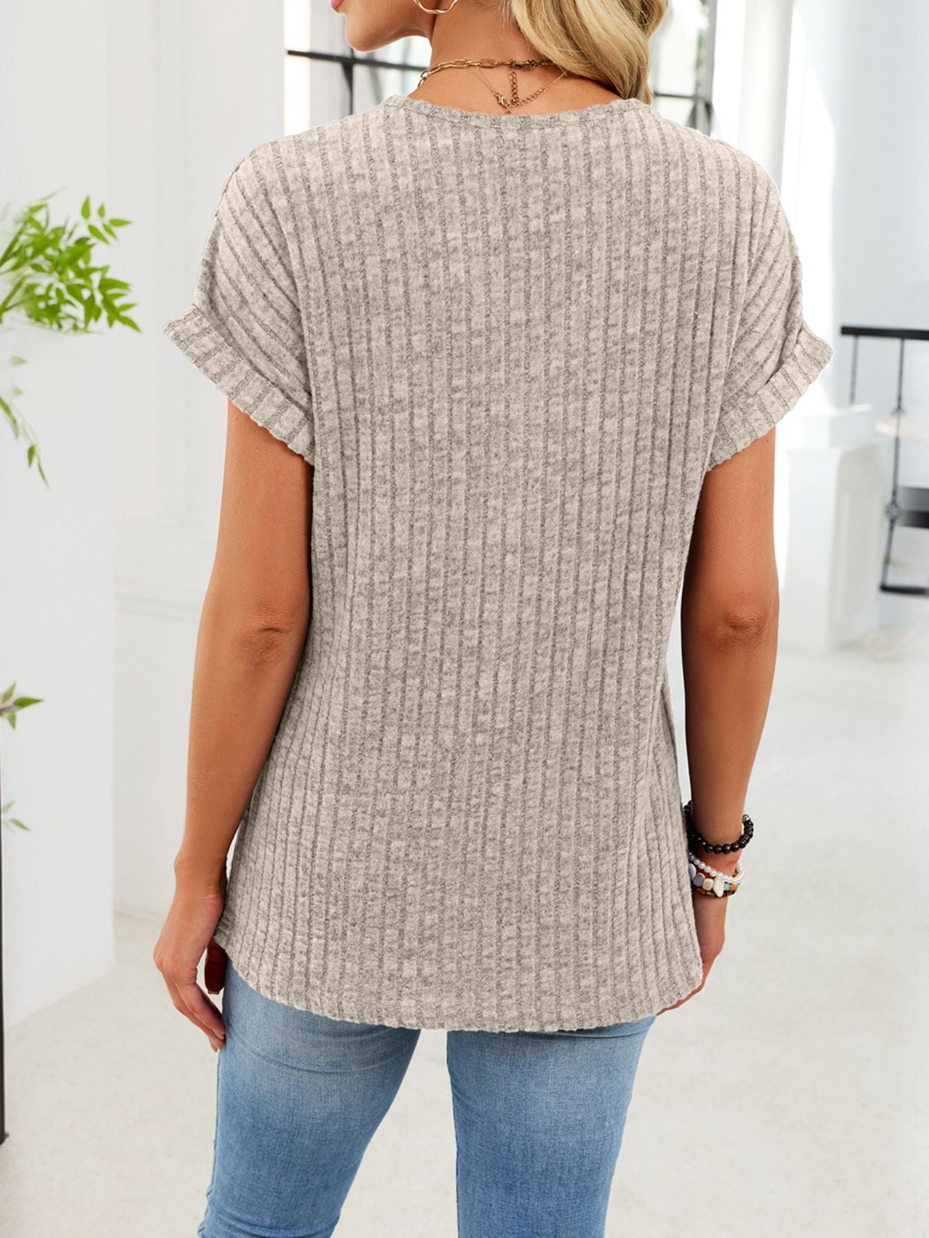 Ribbed Knit V-Neck T-Shirt