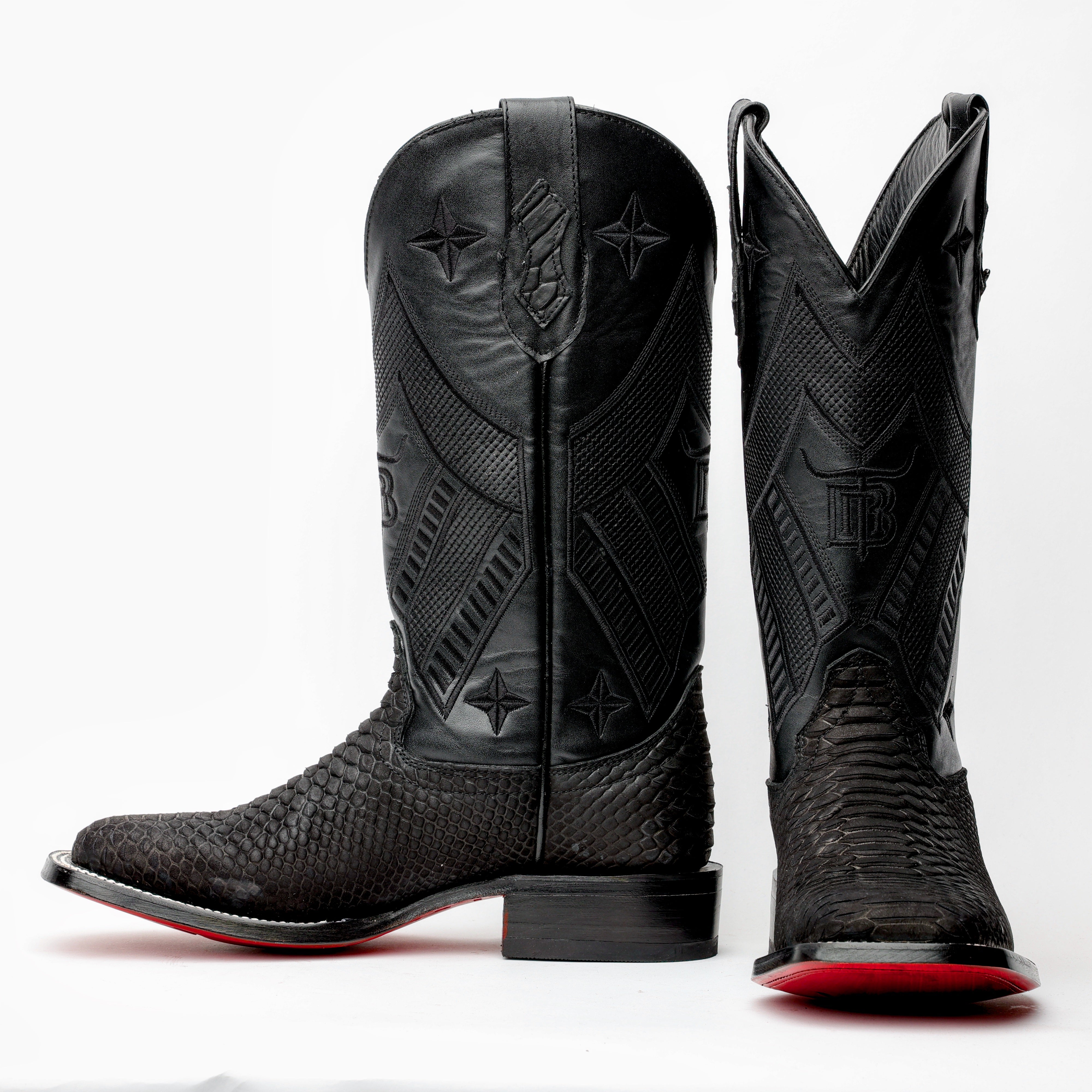 Matte Black Python Leather Boots - Square Toe