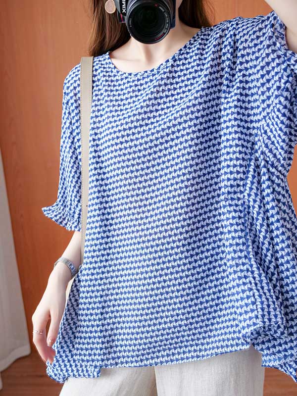 Casual Split-Joint Plaid Round-Neck Batwing Sleeves T-Shirts