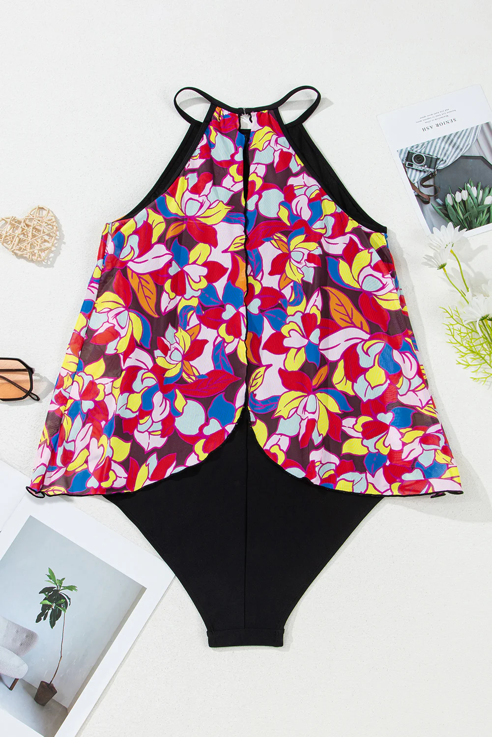 Purple Floral Print O Neck Open Back One Piece Swimsuit