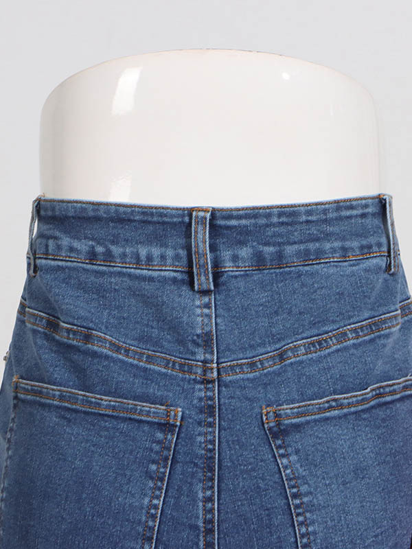 Buttoned Contrast Color Pockets Tied High Waisted Loose Jean Pants Bottoms