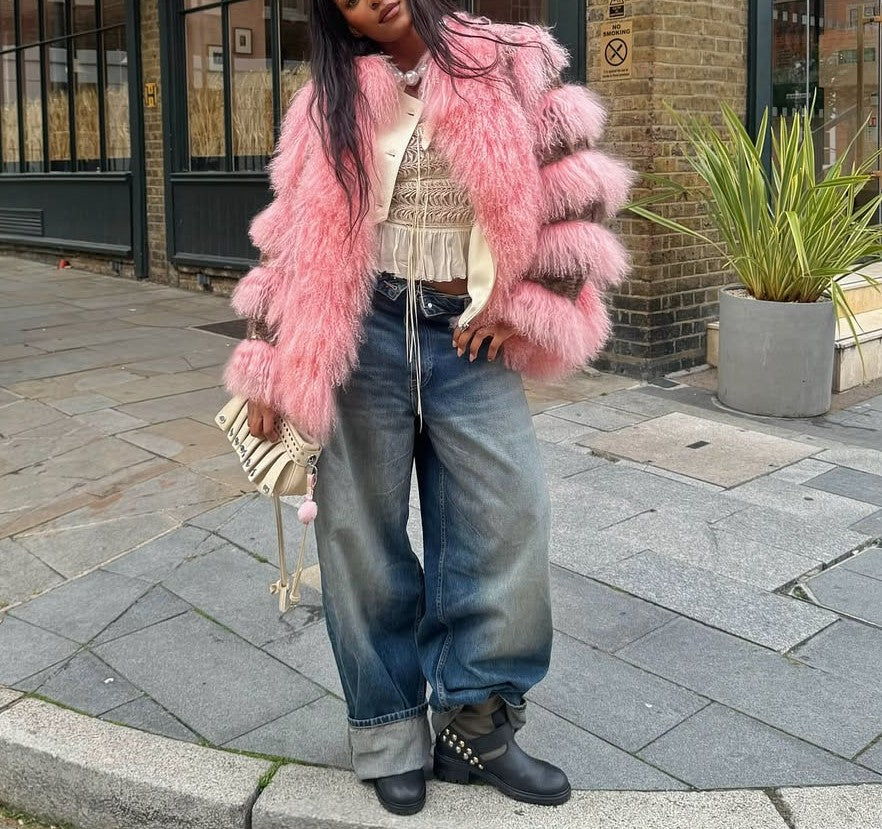 Pink Ribbed Sleeve Eco-Friendly Fur Coat