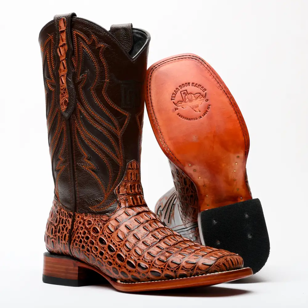 Cognac Caiman Hornback Leather Boots - Square Toe