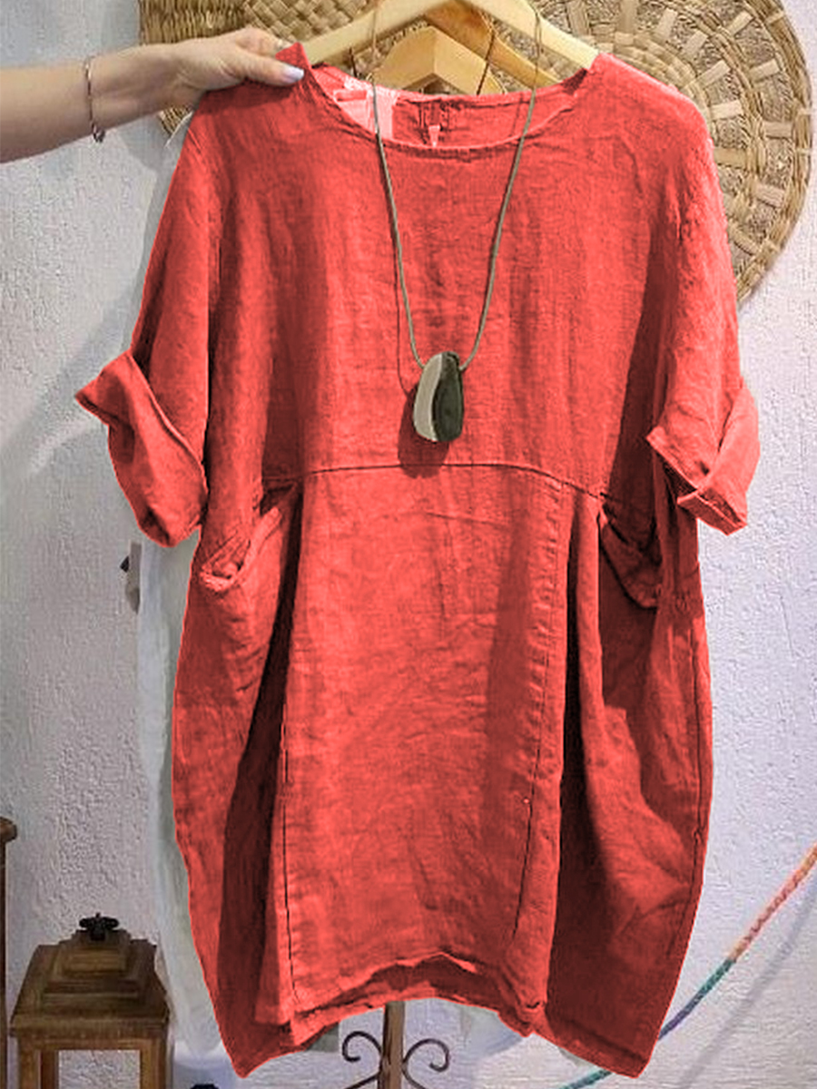 Women's Linen And Cotton Round-neck Dress