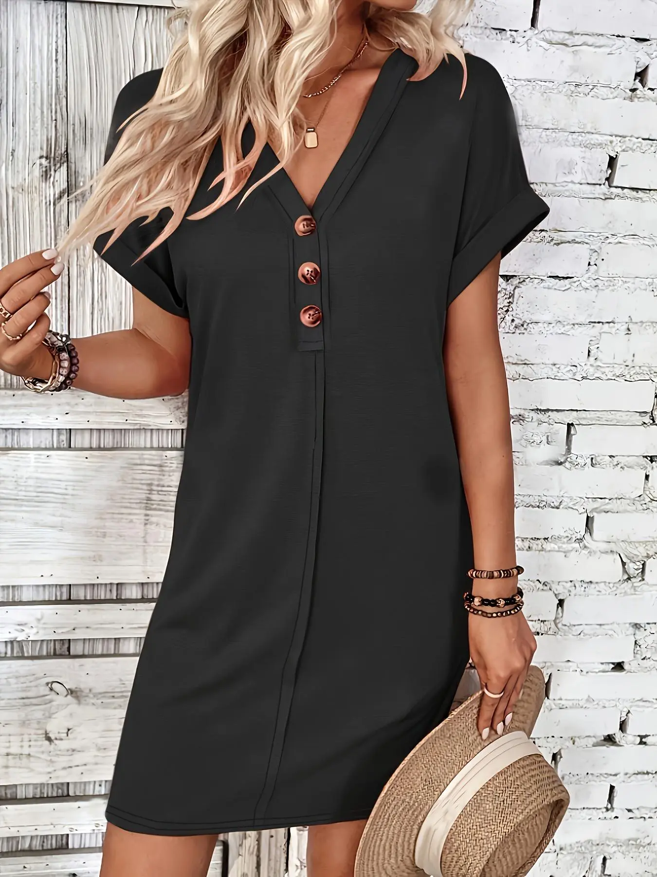 Women's Plain Button V Neck Basic Minimalist Tee Dress, Casual Wear, Short Sleeve Batwing Sleeve Short Dress for Summer, Fashion Womenswear