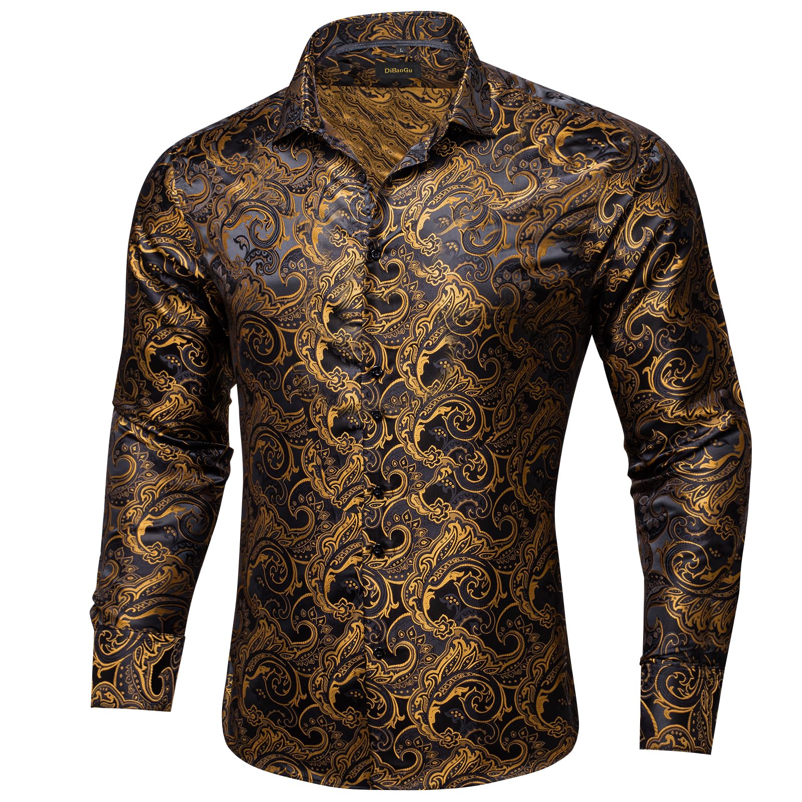 Men's Paisley Dress Shirt Long Sleeve Wrinkle Free Button Down Cowboy Shirts -Carbon Black&gold&paisley