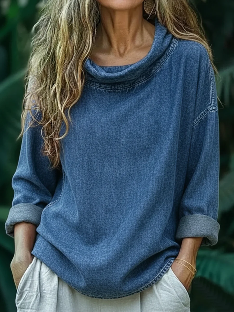 Women's Stylish Retro Art Casual Swing Collar Denim Shirt