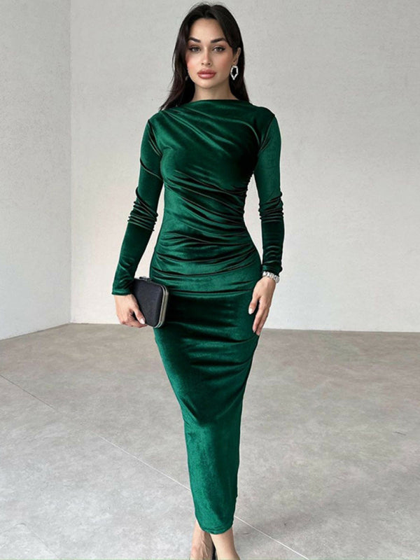 Pleated Round Neck Long Sleeve Bodycon Midi Dress