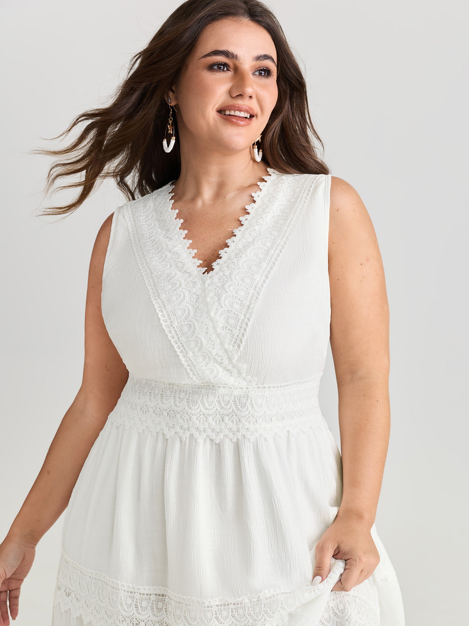 Lace Trim Overlap Neckline Tiered Maxi Dress