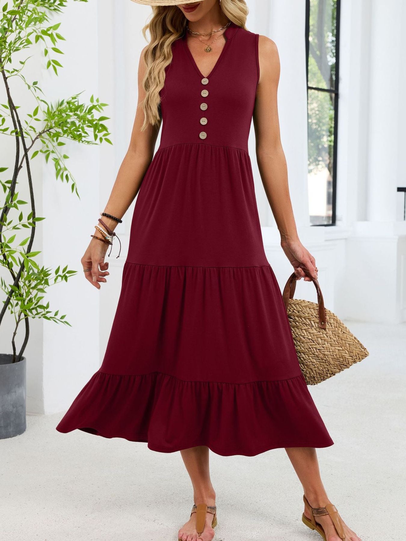 Ruffled Notched Tiered Midi Dress