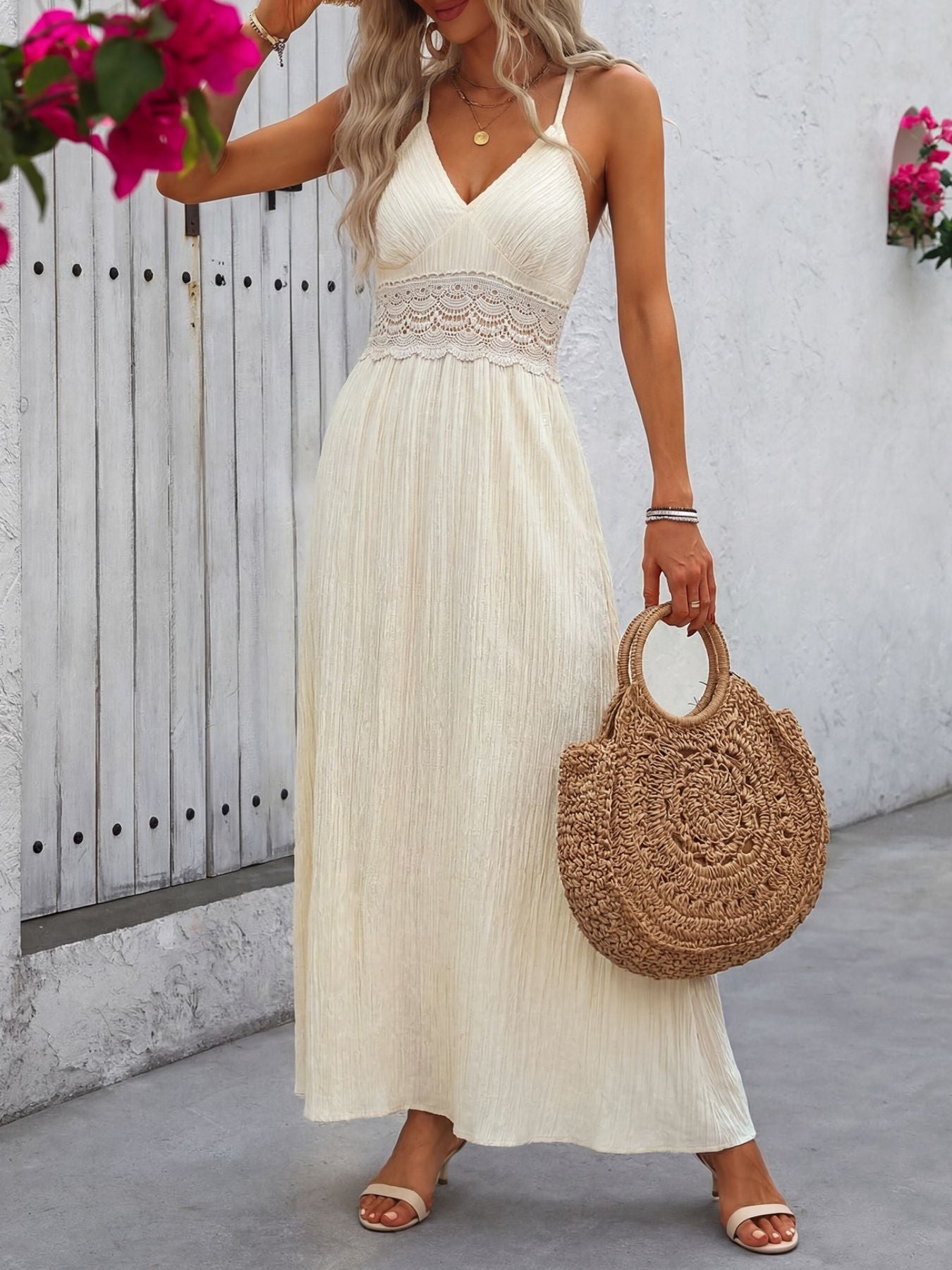 Lace Trim V-Neck Maxi Dress