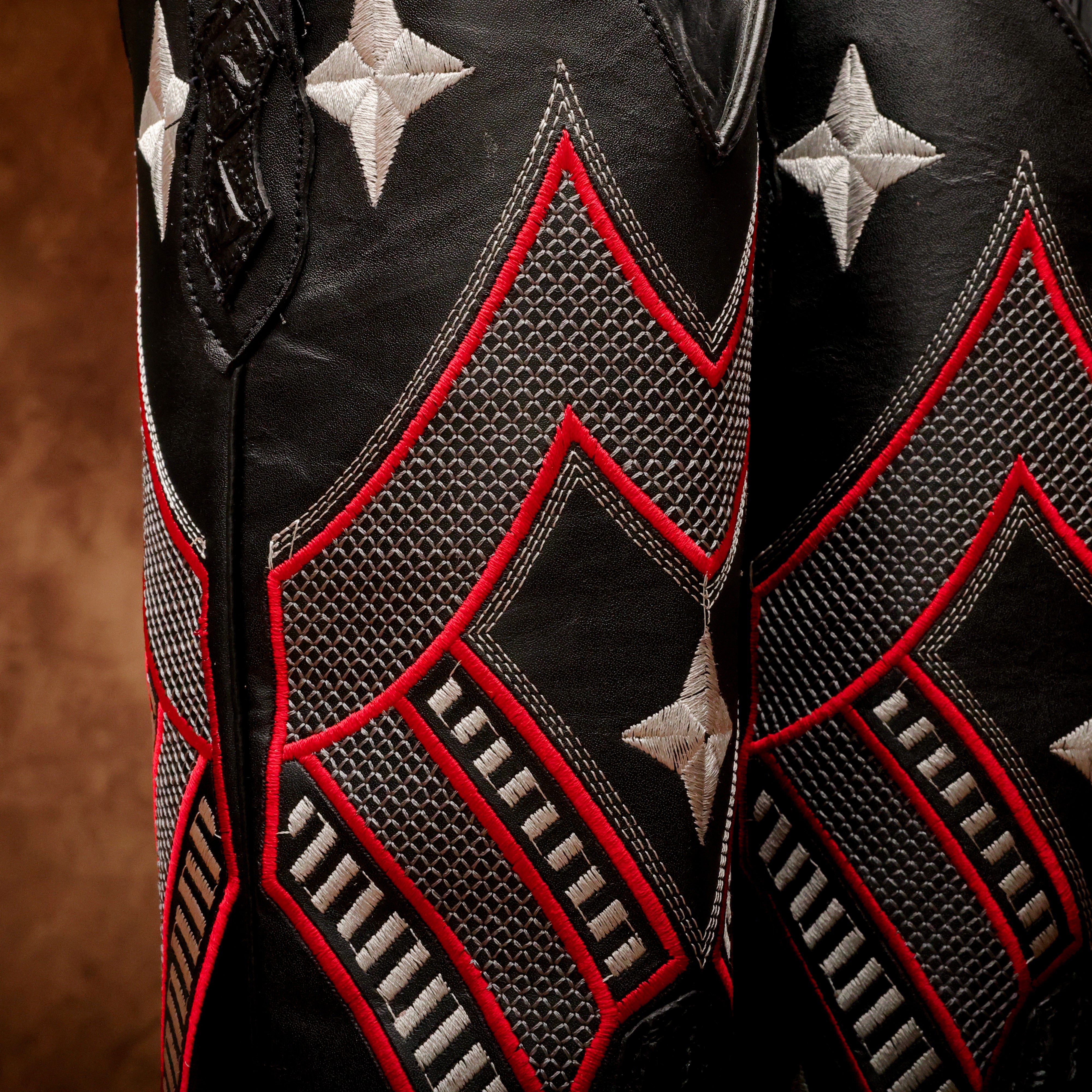 Black Caiman Neck Leather Boots - Square Toe