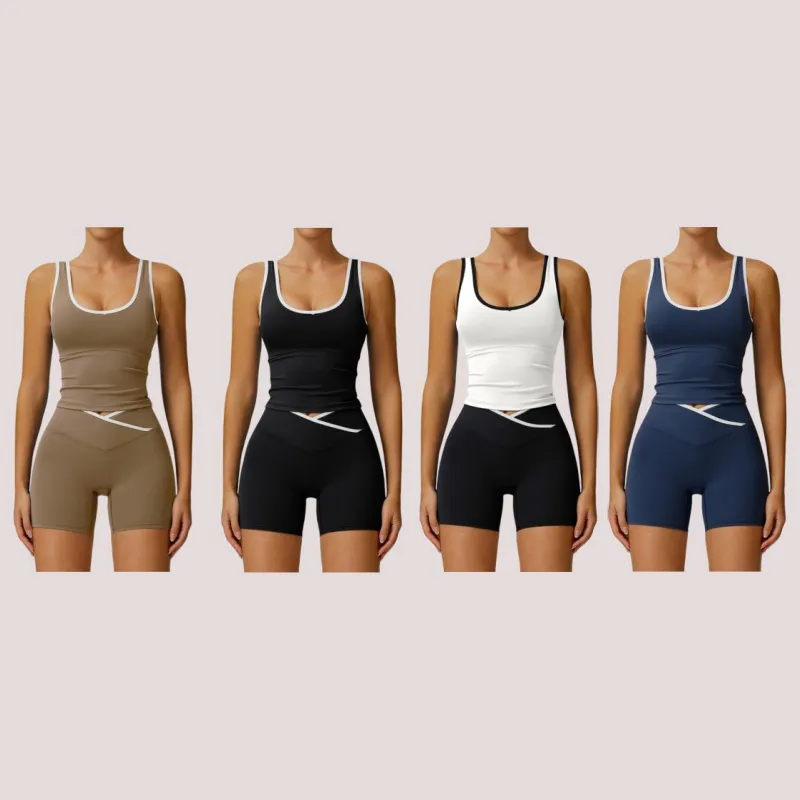 Color-Blocked Halter Crop Tube Top & Mid-Rise Shorts Set