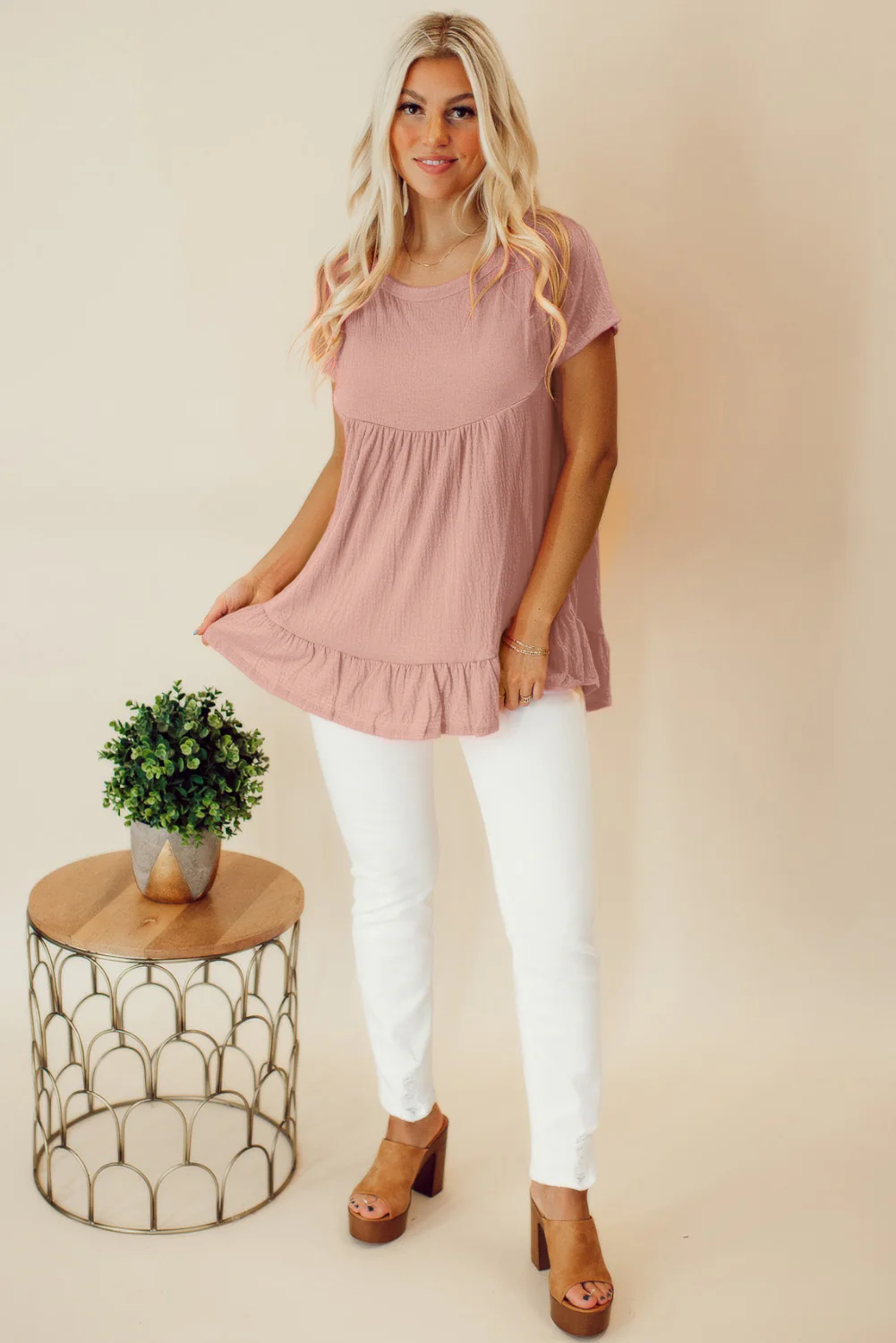 Solid Short Sleeve Ruffle Hem Top