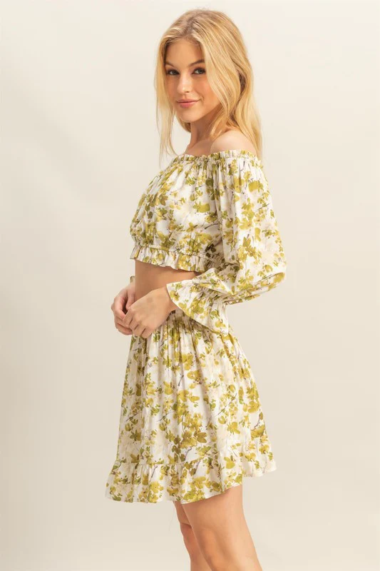 Floral Off-Shoulder Flounce Sleeve Top and Skirt Set