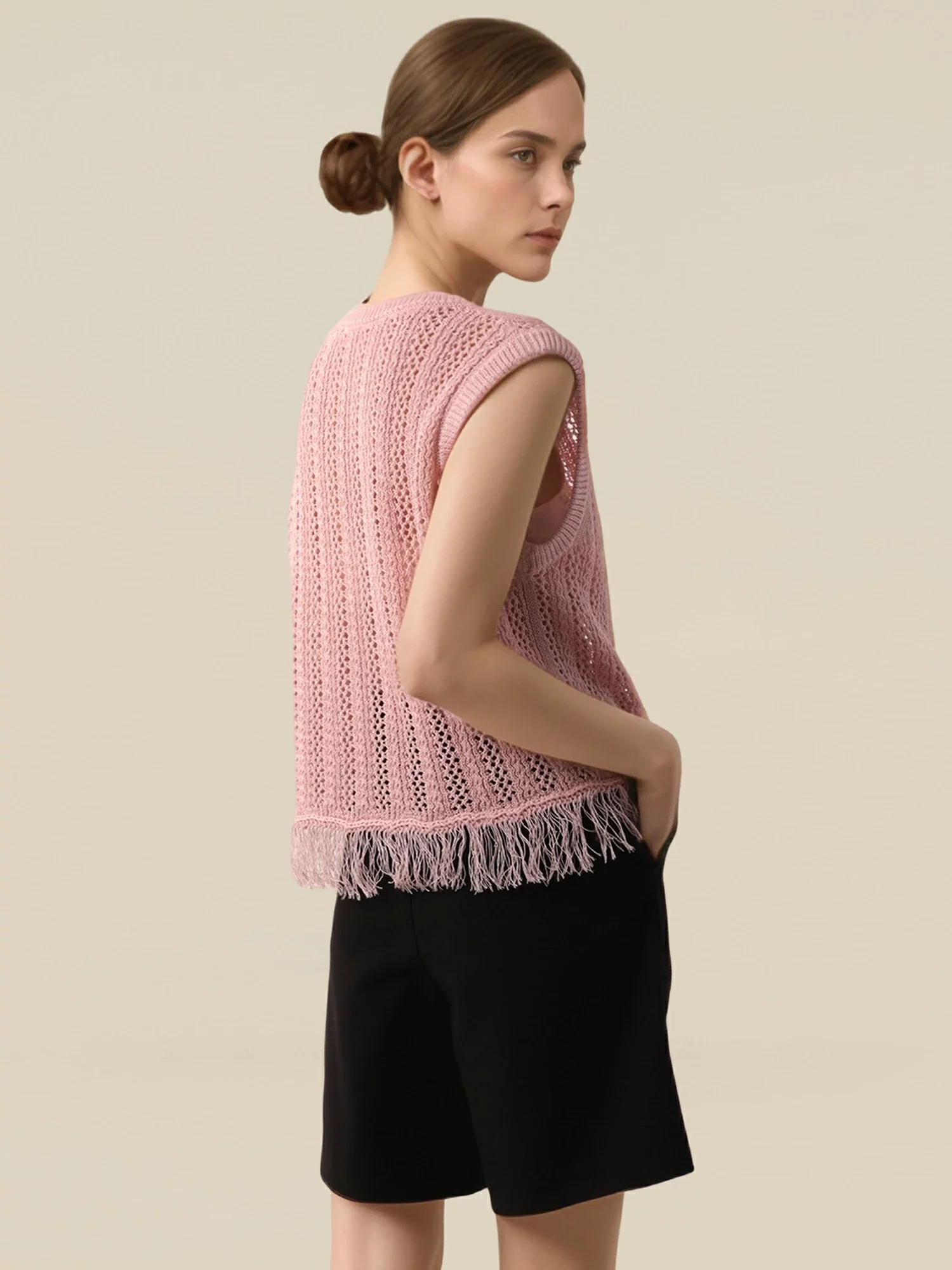 Lyocell & Silk Round Neck Sleeveless Fringe Vest