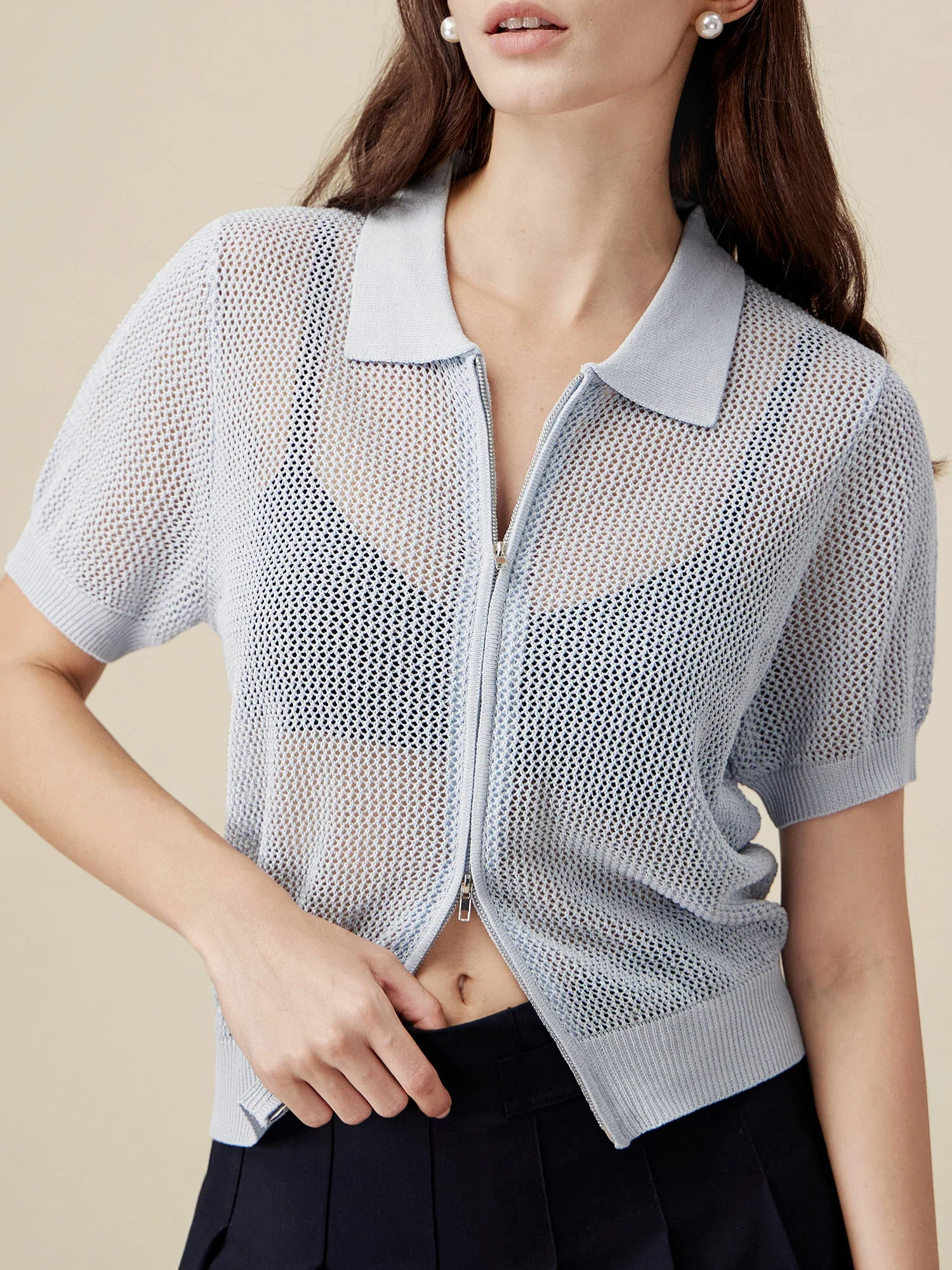 Linen & Lyocell V-Neck Short Sleeve Zipper Hollow Out Cardigan