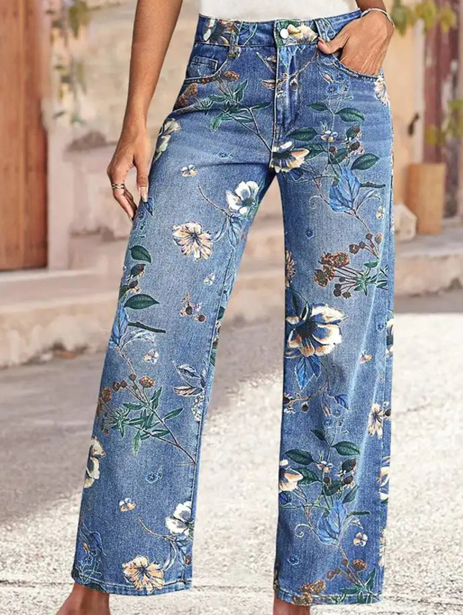 Floral pattern straight leg high-waisted jean_CWJP00876