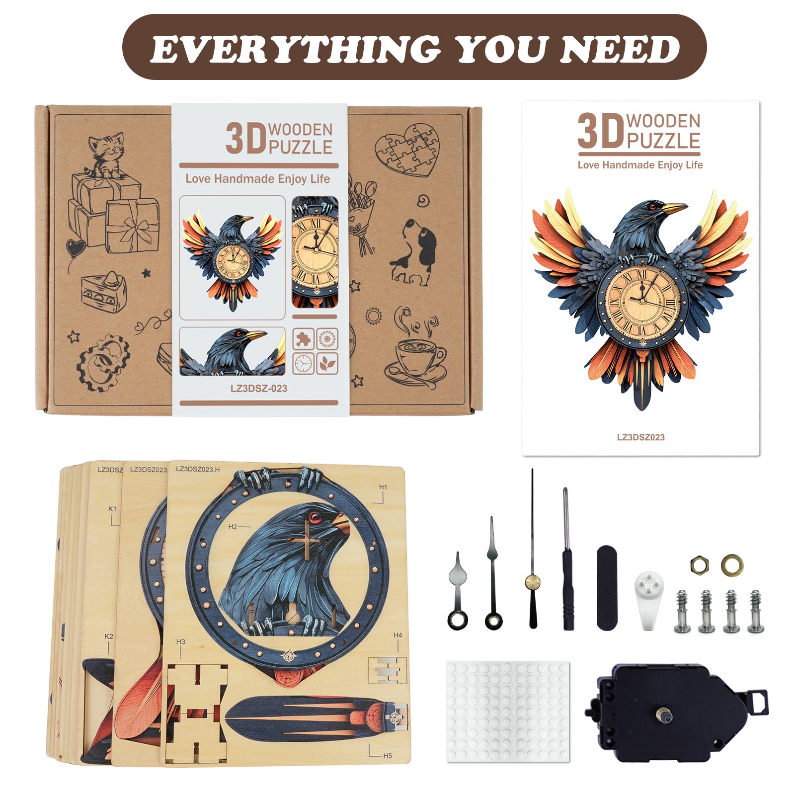 Ravenâ€“ DIY Wooden Clock, 3D Puzzle Craft Kit