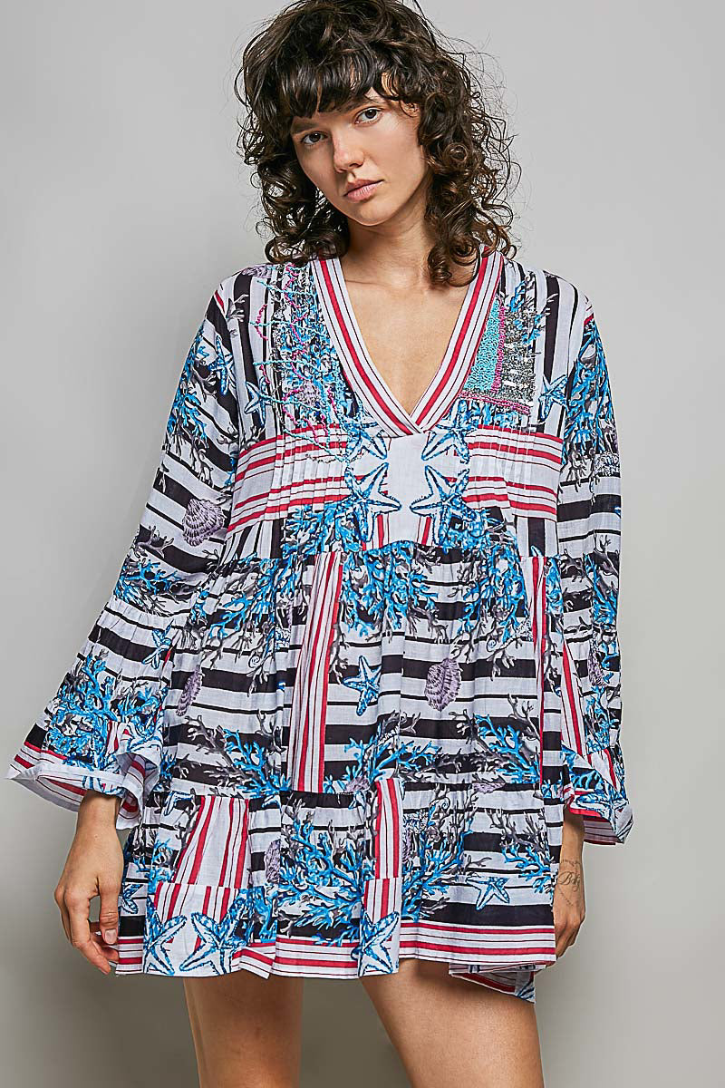 Striped Floral Long Sleeve Mini Dress with Pintuck Detail