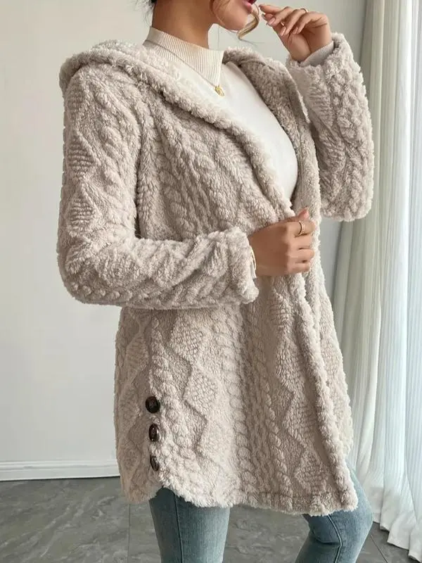 Women's Fall Winter Warm Fashion Jacquard Hooded Cardigan Long Sleeve Coat