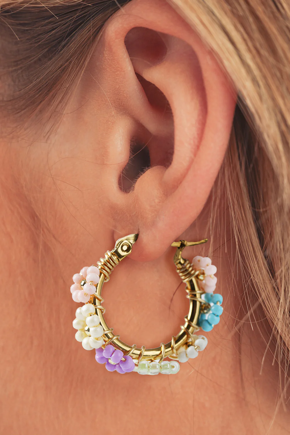Gold Beaded Flower Hoop Alloy Earrings