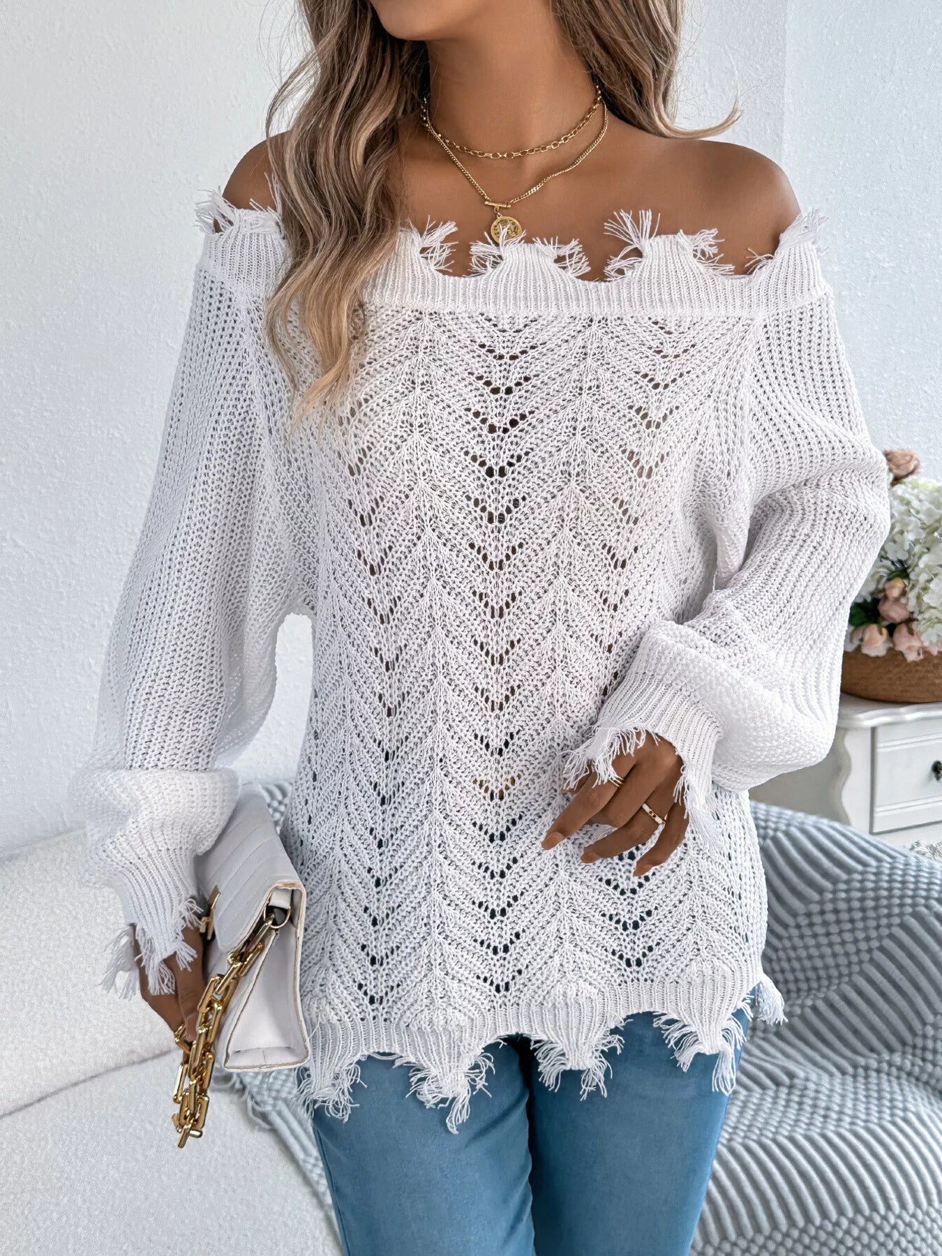 Distressed Hem Openwork Off-Shoulder Sweater