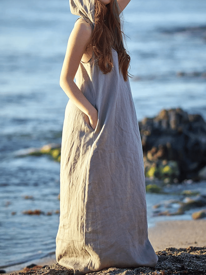 Women's Retro Solid Color Hooded Sleeveless Loose Casual Cotton Dress  316b