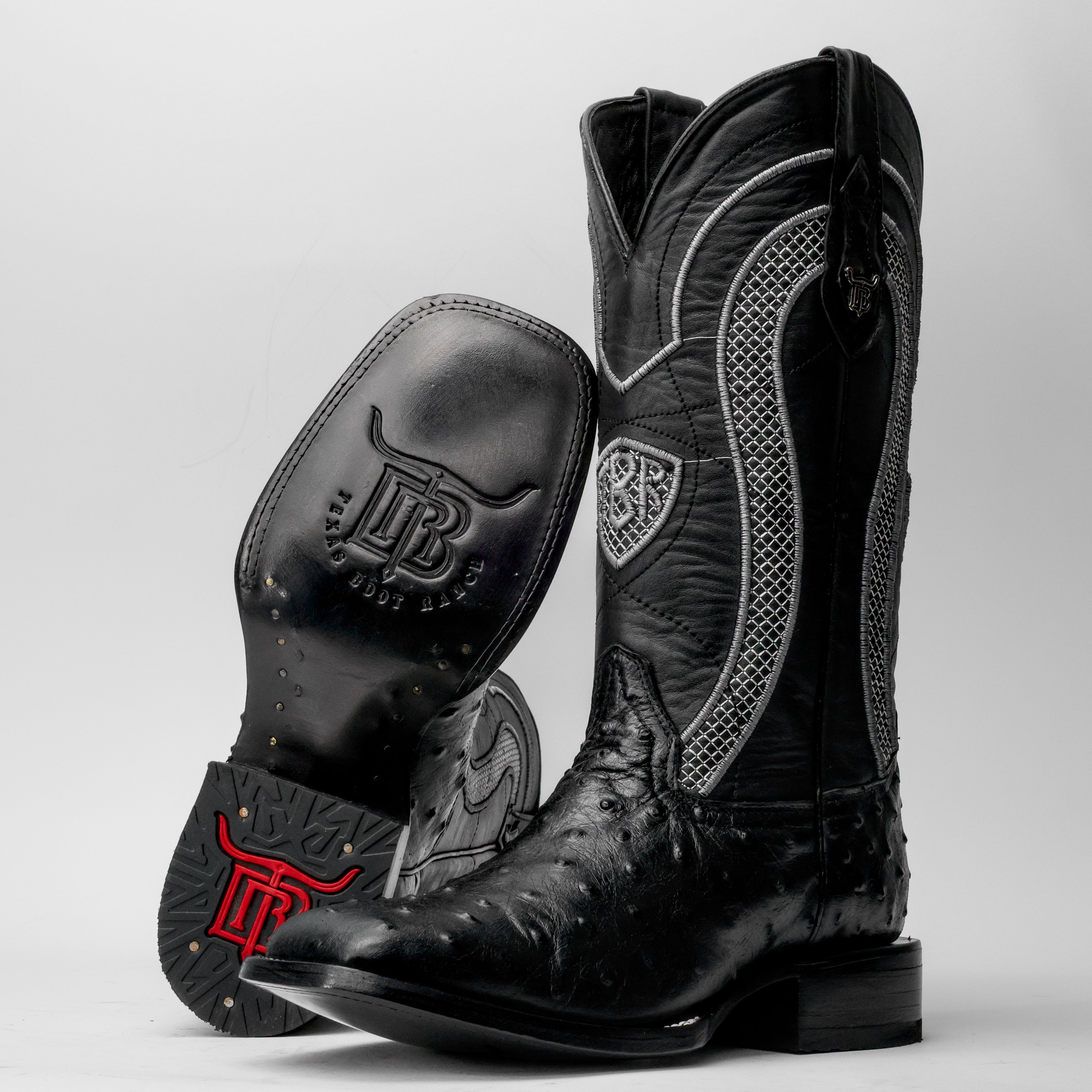 Black Ostrich Leather Boots - Square Toe