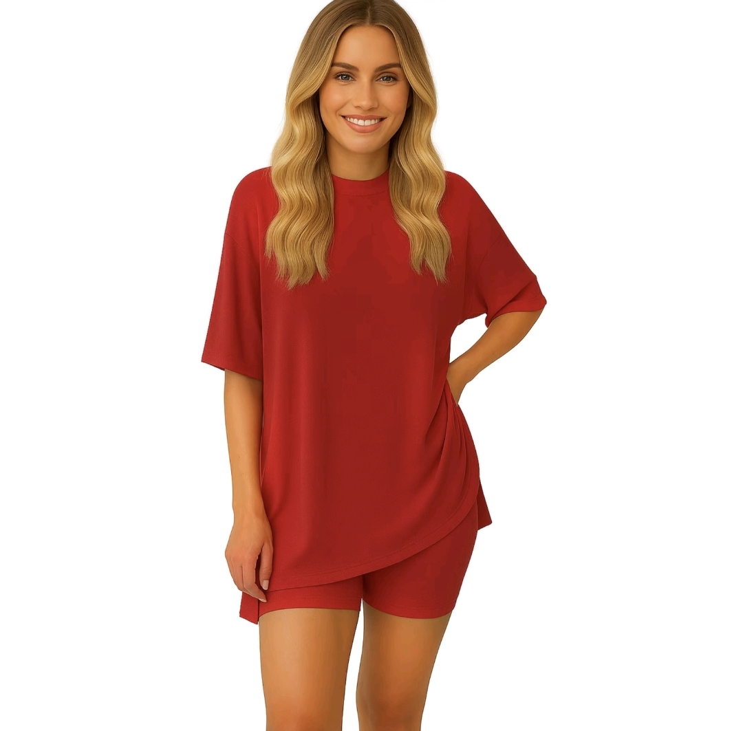 Women's Casual Wear, Summer, 2-Piece Suit, Pajamas, Casual Loose, Short-SleevedShorts, Airport Travel Wear, Hem Slits, HomeWear