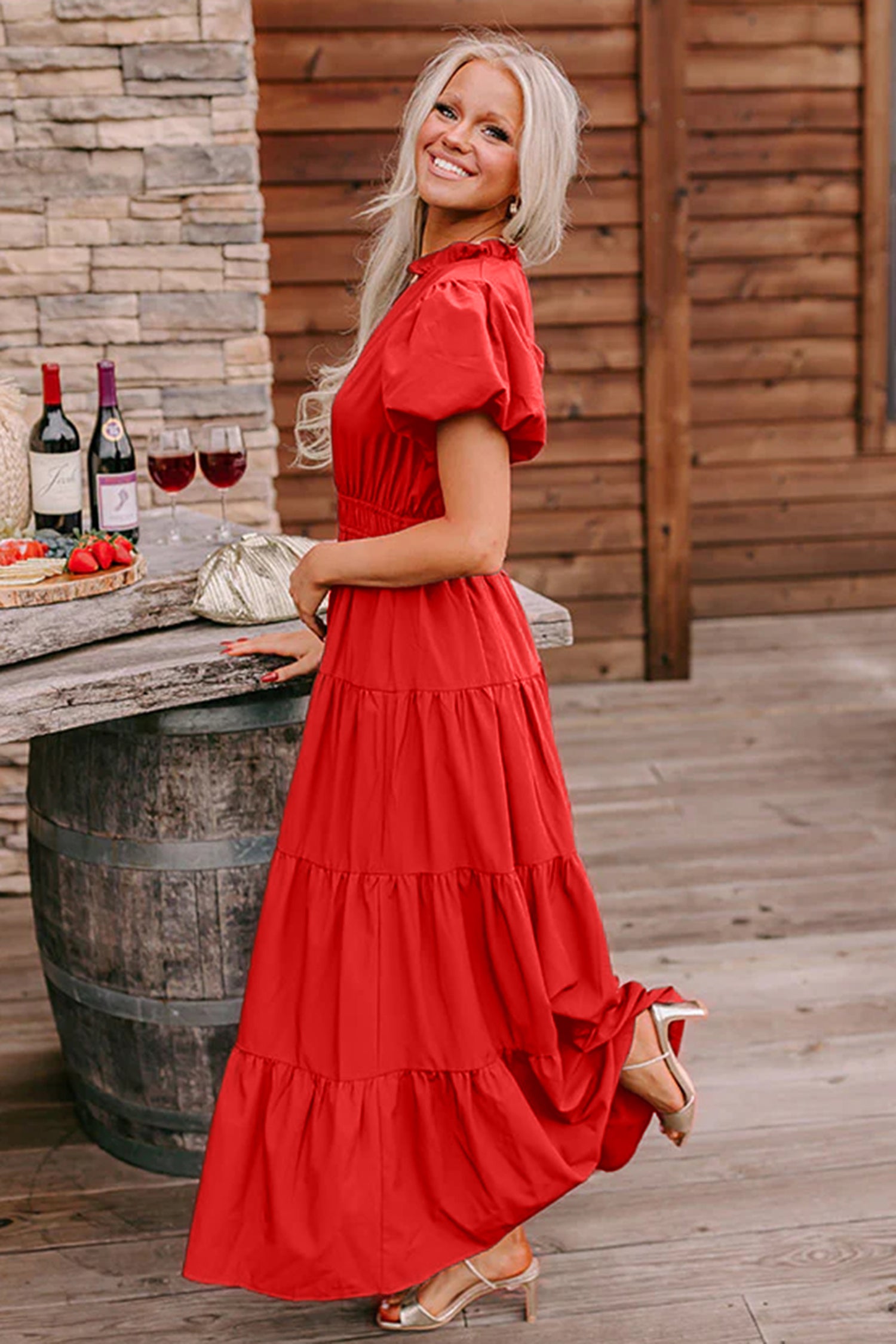 Coral Solid Color V Neck Short Puff Sleeve High Waist Tiered Maxi Dress