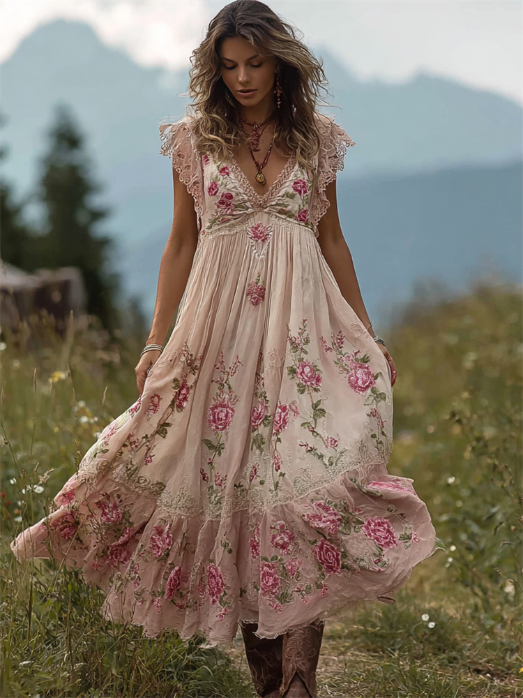 Vintage Boho Pink Roses Embroidered Lace Trim Flowy Linen Maxi Dress