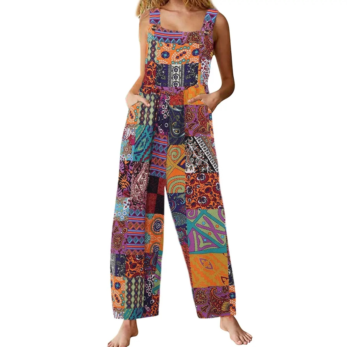 Tanming Women's Patchwork Dual Pocket Jumpsuit Loose Floral Print Bohemian Wide Leg Bib Overall Springfresh