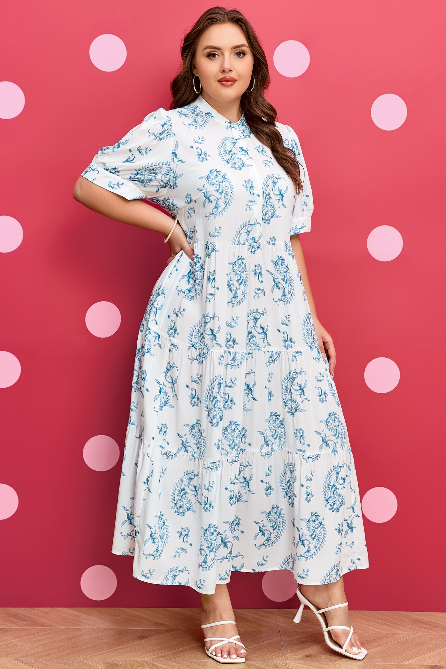 Sky Blue Plus Size Geometric Floral Print Button Split Neck Short Sleeve Maxi Dress