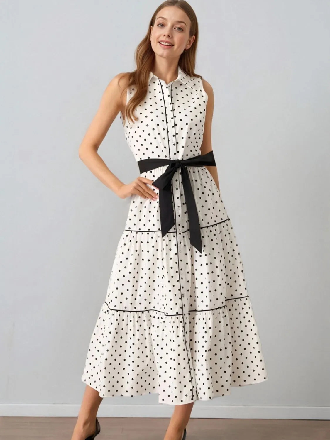 Polka Dot Sleeveless Midi Shirt Dress