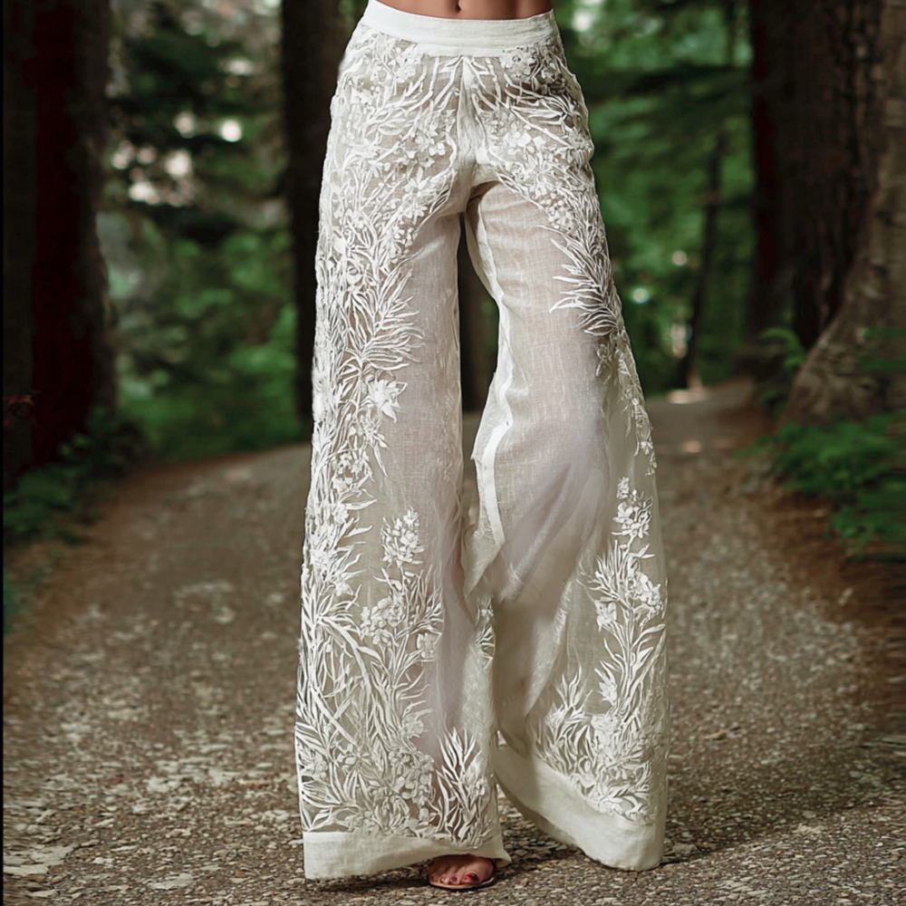 Japanese Style Plant Floral White Cotton Linen Casual Pants