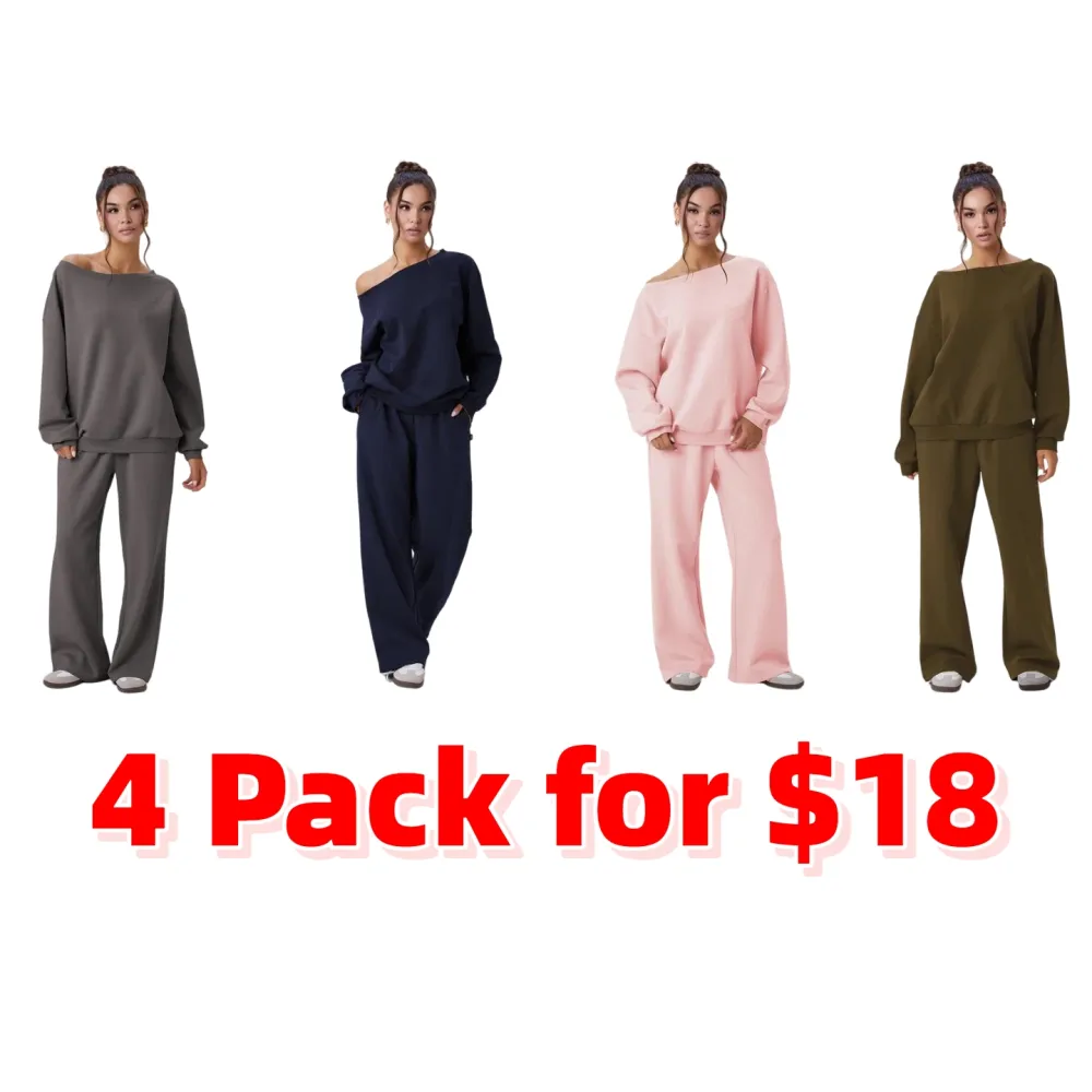 Women's Leisure Solid Color Sloping Shoulder Long Sleeve Top & Wide-Leg Trousers Set