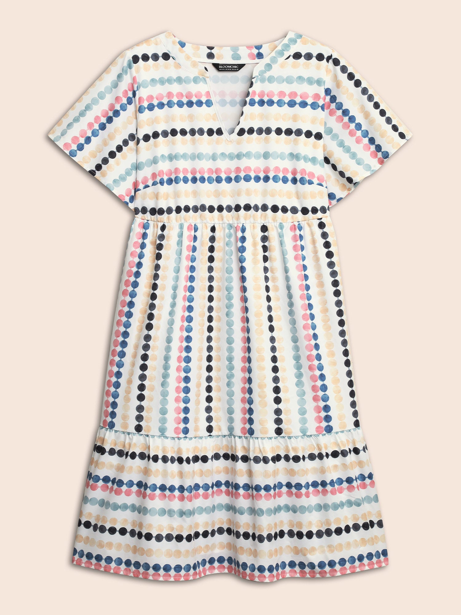 Dot Print Elastic Waist Split Neck Mini Dress