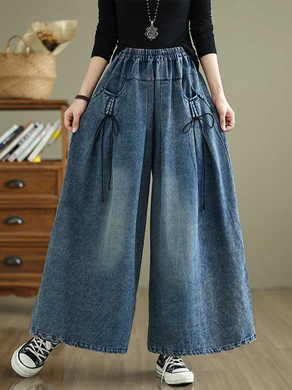 Elasticity Pleated Pockets High Waisted Loose Jean Pants Bottoms
