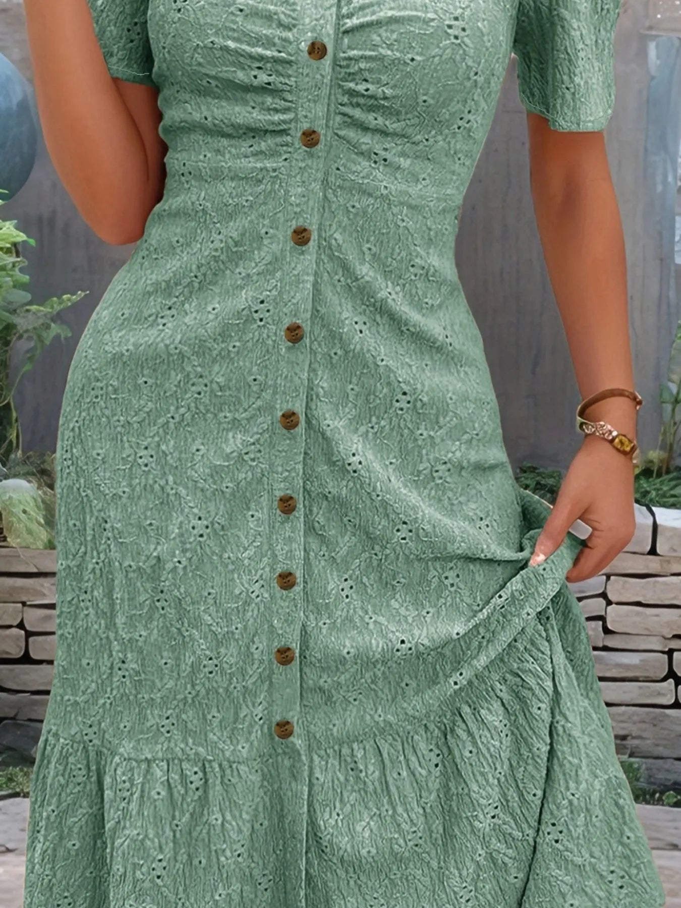 Eyelet Button Front V-Neck Midi Dress