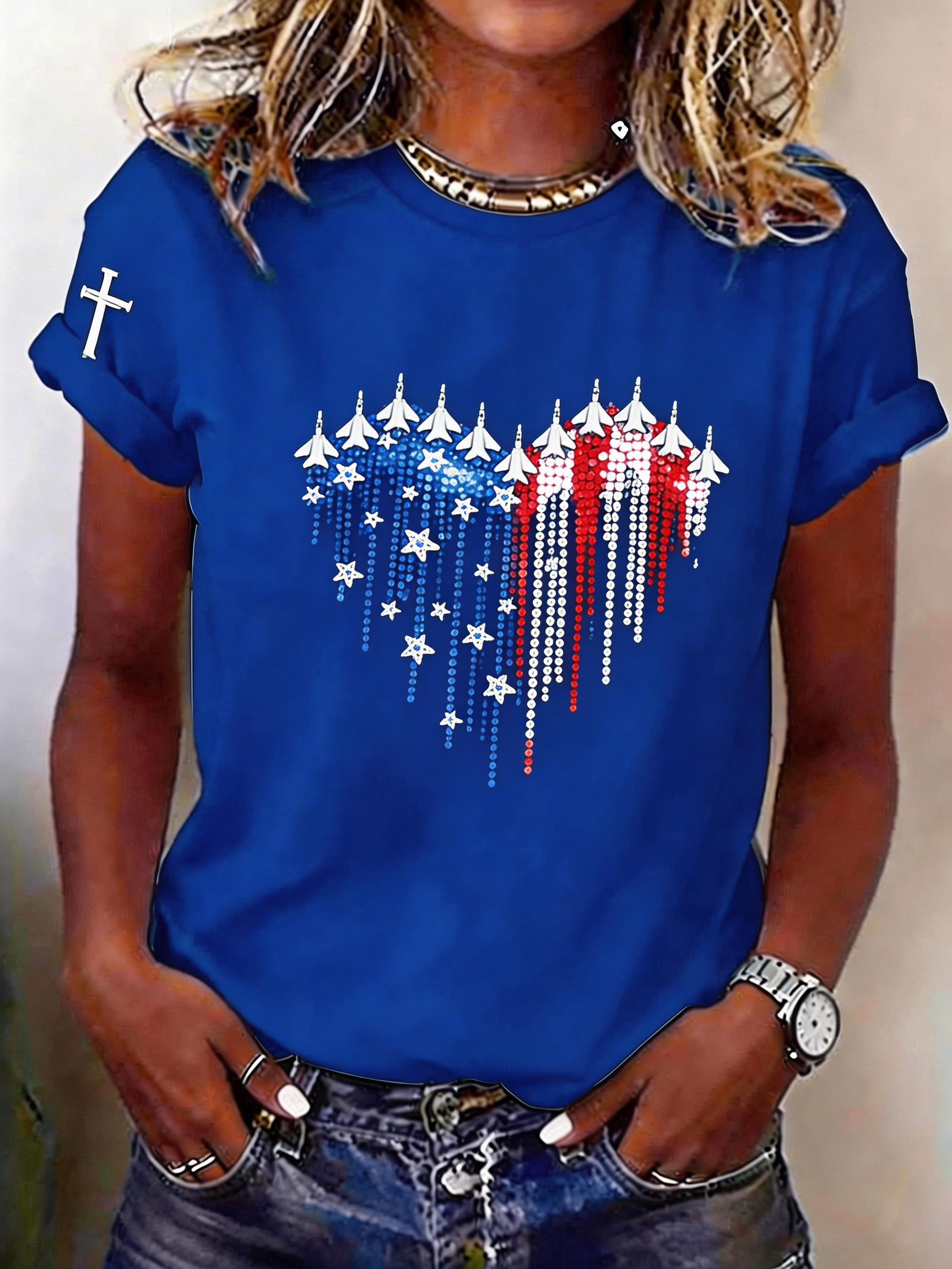 Women's Patriotic Faith & Freedom Heart Graphic Tee - Jet Fighter USA Flag Shirt