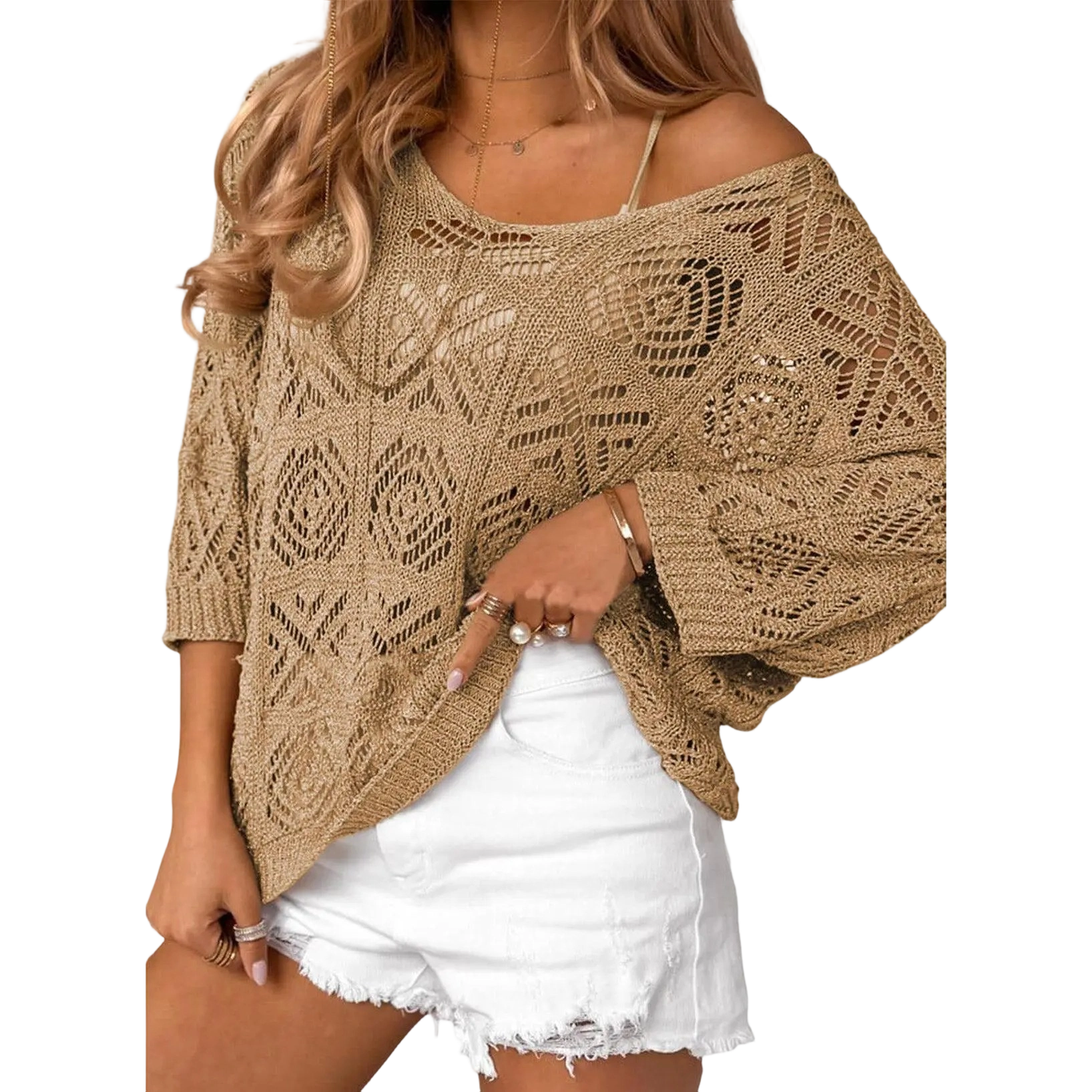 ✨ Women’s Crochet Hollow-Out Off-Shoulder Top – Lightweight 3/4 Sleeve Summer Sweater