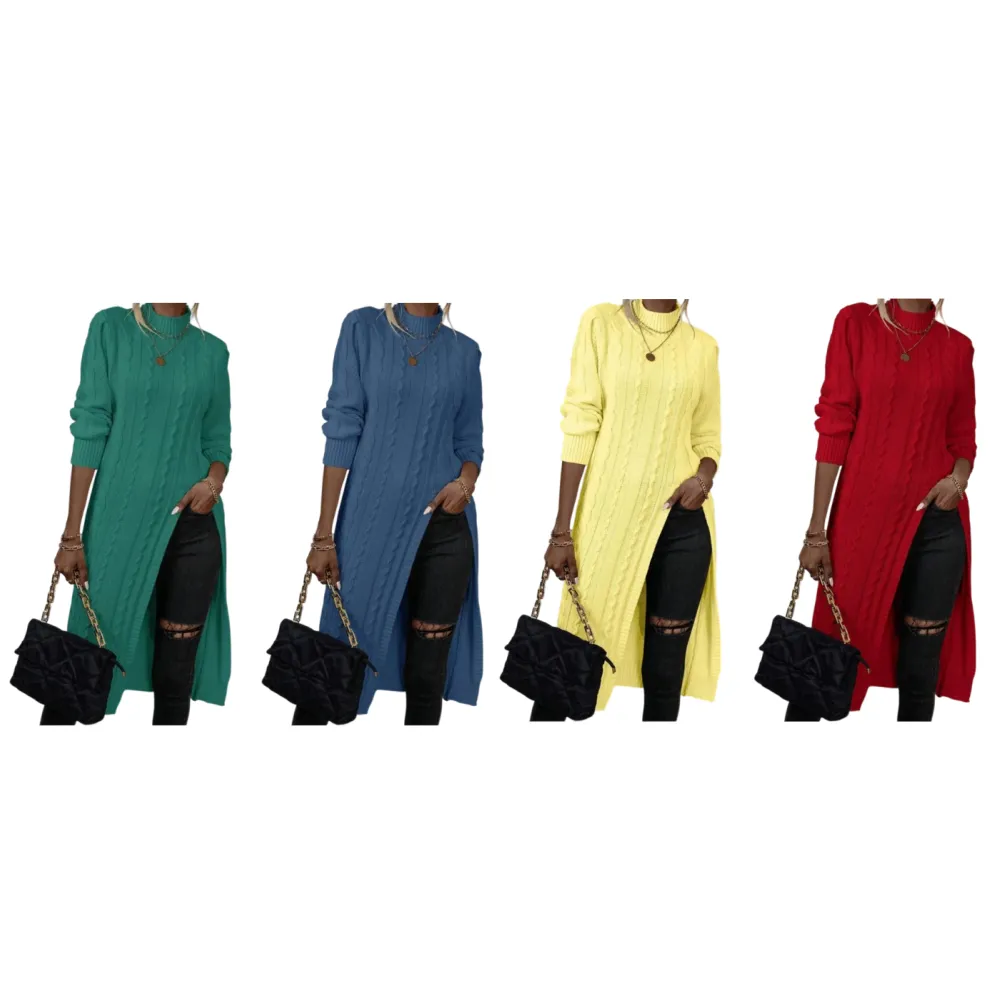 Sweater Mock Neck Split Hem Cable Knit Longline for Fall