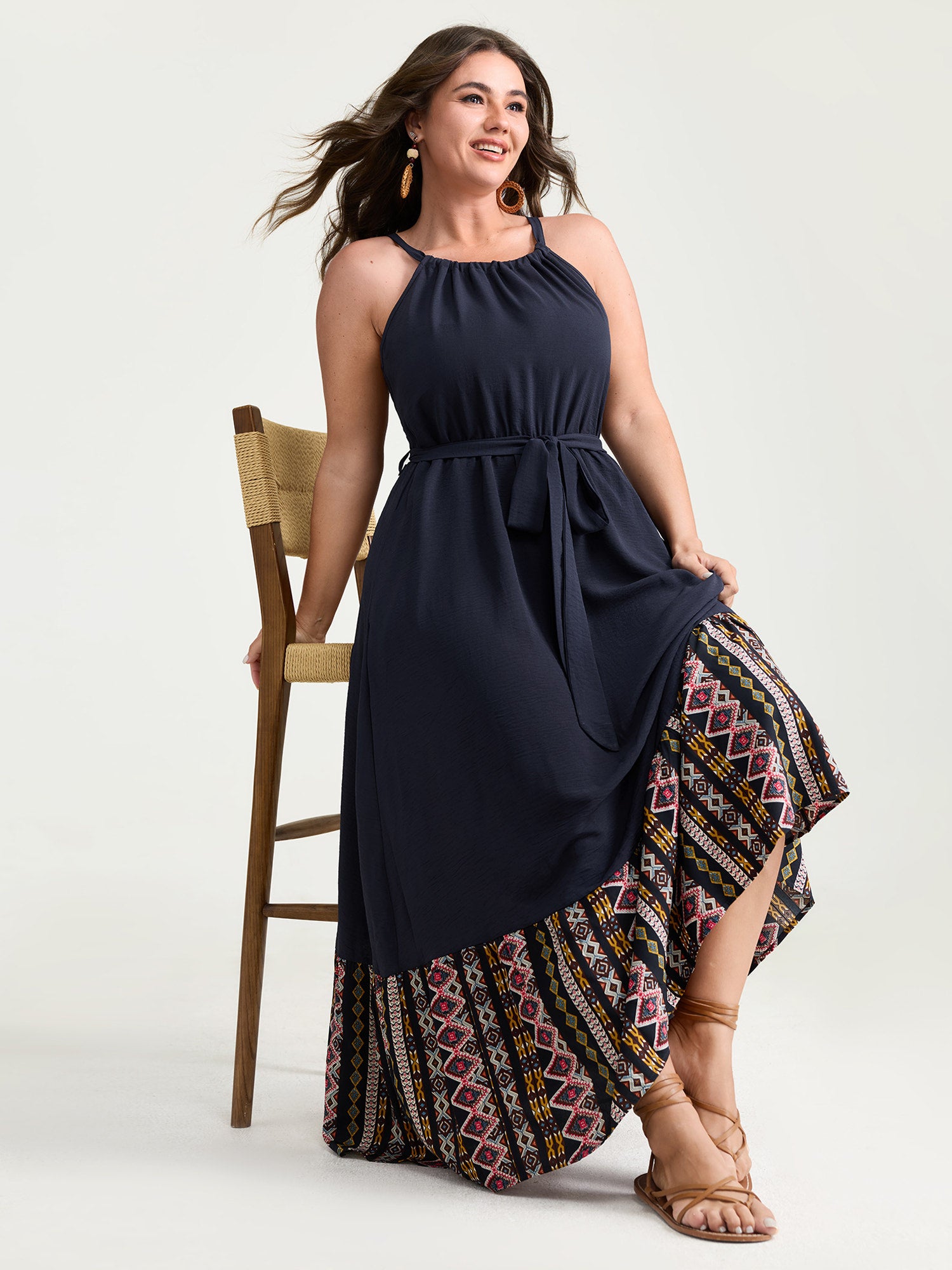 Colorful Boho Striped Hem Halter Neck Maxi Dress