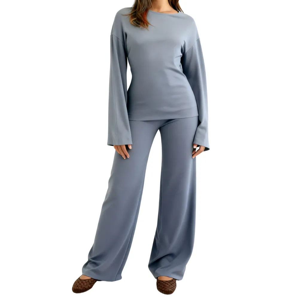 Women's Fall Round Neck Flare Top & Elastic-Waist Pants Set